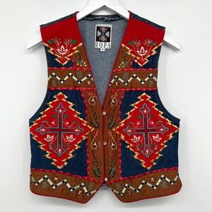 Vintage‎ Hairston Roberson Ropa Denim Vest Medium Embroidered Southwestern Boho